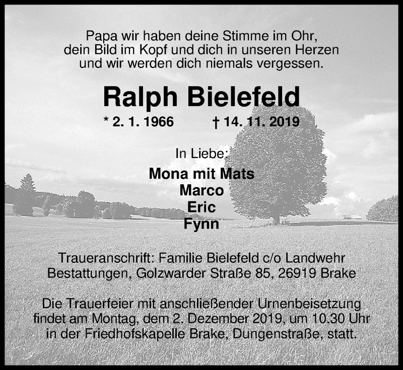  Traueranzeige für Ralph Bielefeld vom 28.11.2019 aus Nordwest-Zeitung
