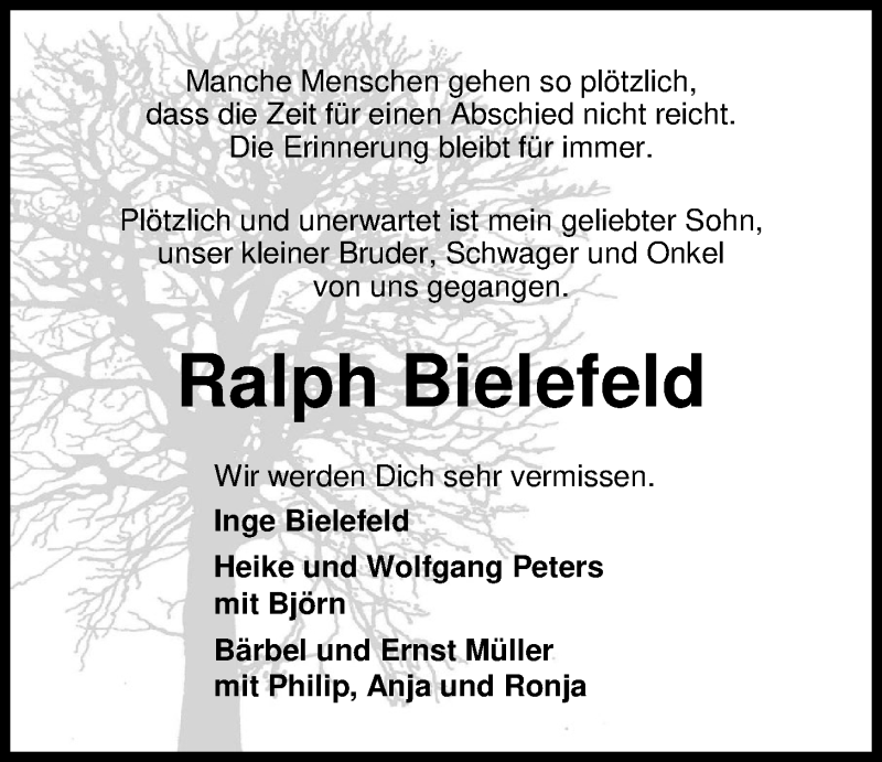  Traueranzeige für Ralph Bielefeld vom 28.11.2019 aus Nordwest-Zeitung