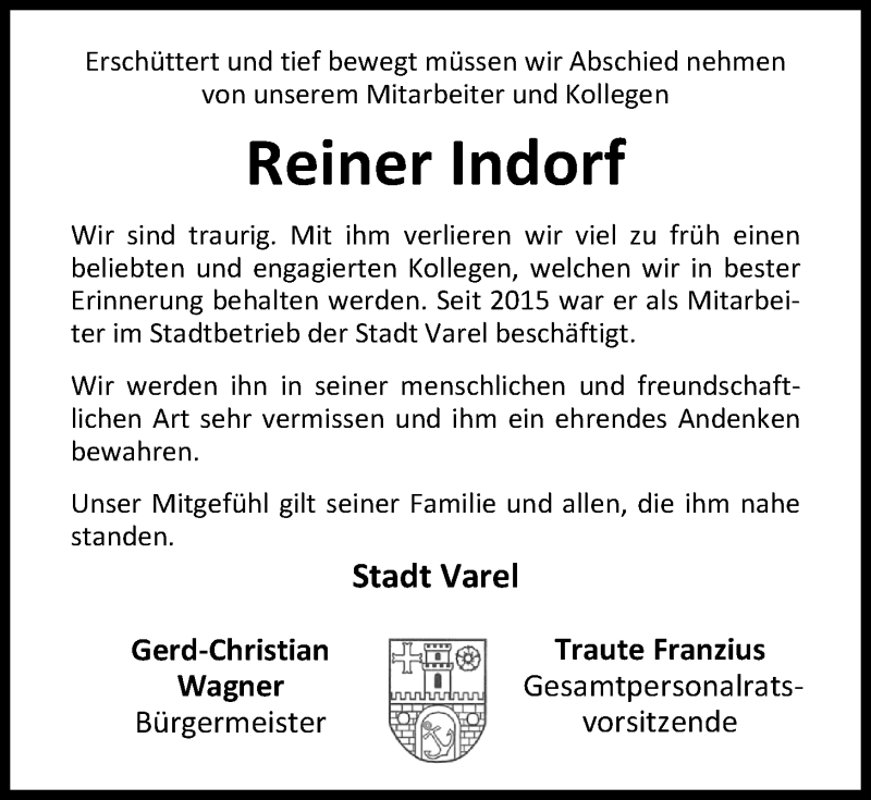  Traueranzeige für Reiner Indorf vom 13.11.2019 aus Nordwest-Zeitung