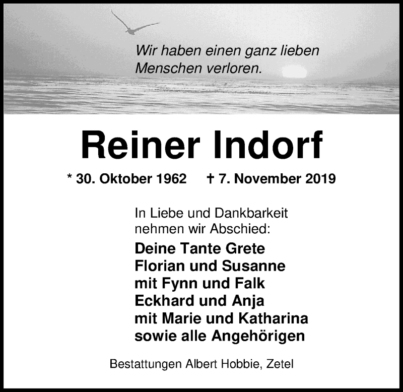  Traueranzeige für Reiner Indorf vom 12.11.2019 aus Nordwest-Zeitung
