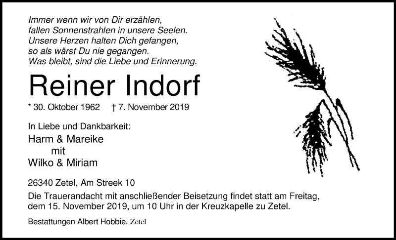  Traueranzeige für Reiner Indorf vom 12.11.2019 aus Nordwest-Zeitung