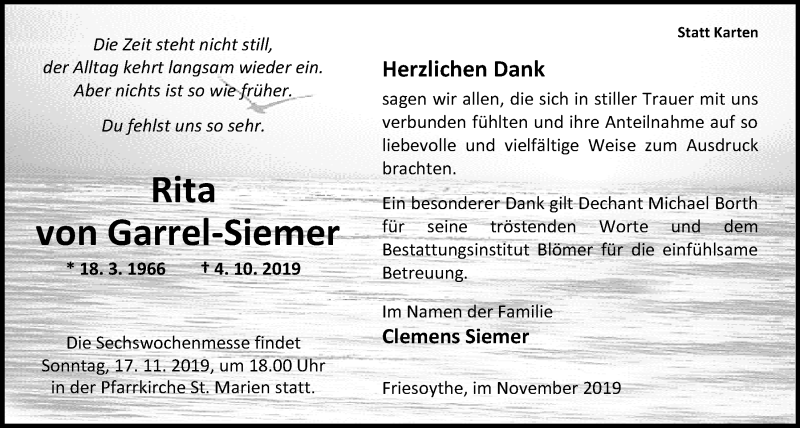  Traueranzeige für Rita von Garrel-Siemer vom 15.11.2019 aus Nordwest-Zeitung