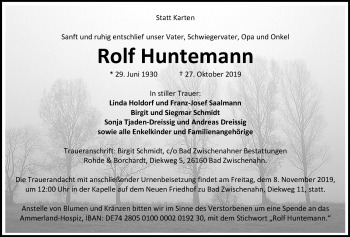 Traueranzeige von Rolf Huntemann von Nordwest-Zeitung