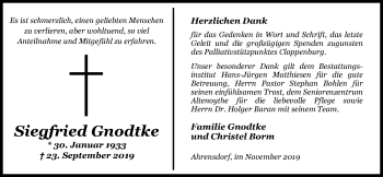 Traueranzeige von Siegfried Gnodtke von Nordwest-Zeitung