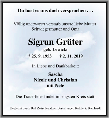 Traueranzeige von Sigrun Grüter von Nordwest-Zeitung
