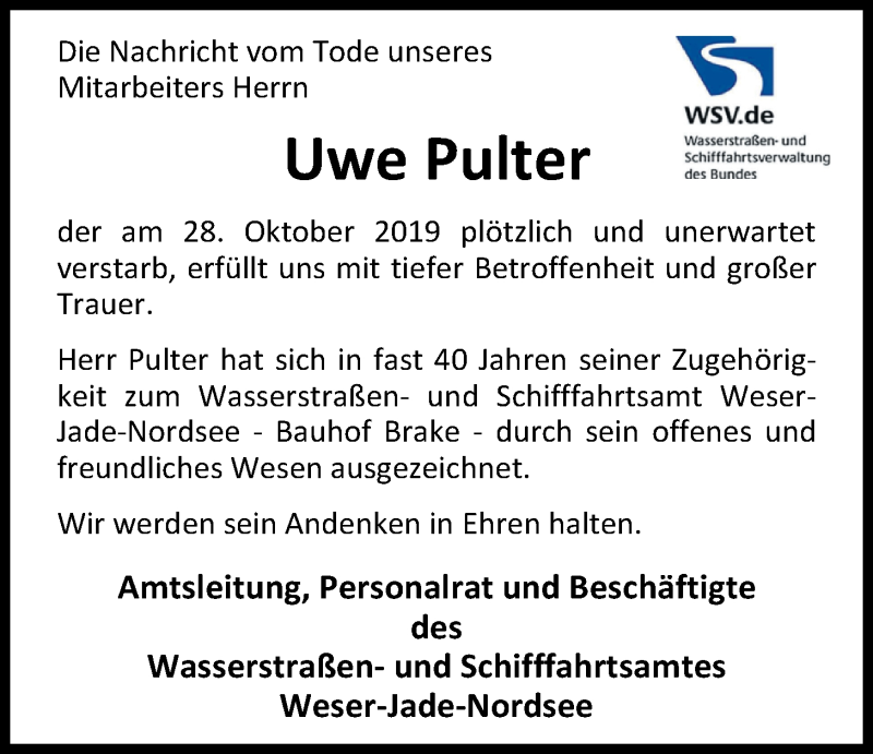  Traueranzeige für Uwe Pulter vom 07.11.2019 aus Nordwest-Zeitung