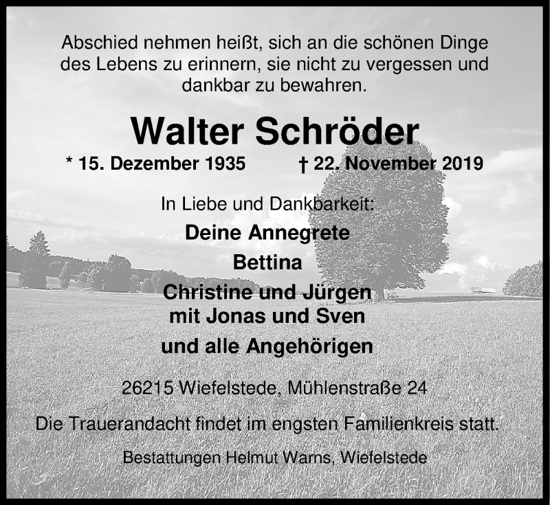  Traueranzeige für Walter Schröder vom 26.11.2019 aus Nordwest-Zeitung