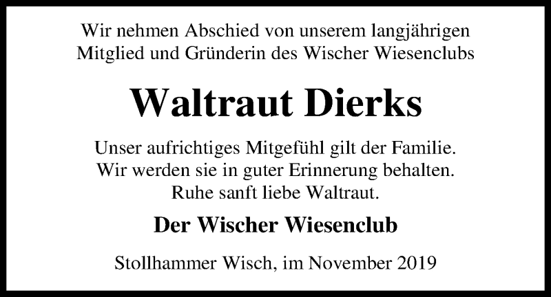  Traueranzeige für Waltraut Dierks vom 07.11.2019 aus Nordwest-Zeitung