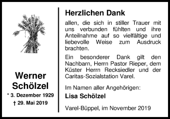 Traueranzeige von Werner Schölzel von Nordwest-Zeitung