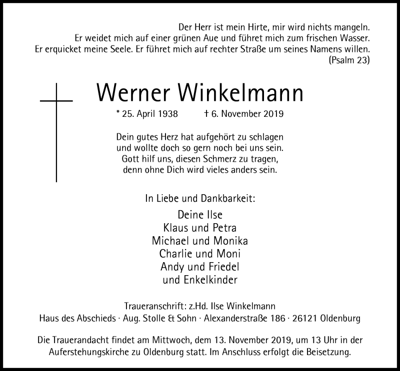  Traueranzeige für Werner Winkelmann vom 11.11.2019 aus Nordwest-Zeitung