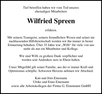 Traueranzeige von Wilfried Spreen von Nordwest-Zeitung