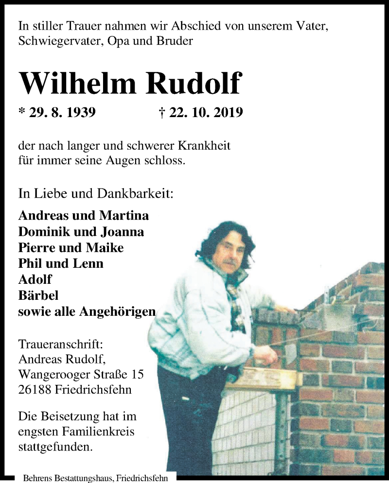  Traueranzeige für Wilhelm Rudolf vom 07.11.2019 aus Nordwest-Zeitung