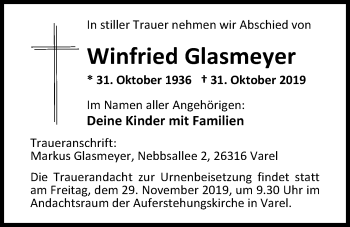 Traueranzeige von Winfried Glasmeyer von Nordwest-Zeitung