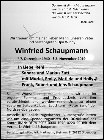 Traueranzeige von Winfried Schaupmann von Nordwest-Zeitung