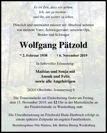 Traueranzeige von Wolfgang Pätzold von Nordwest-Zeitung