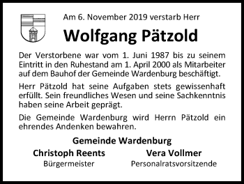 Traueranzeige von Wolfgang Pätzold von Nordwest-Zeitung