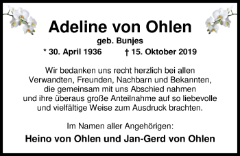 Traueranzeige von Adeline von Ohlen von Nordwest-Zeitung