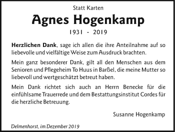 Traueranzeige von Agnes Hogenkamp von Nordwest-Zeitung