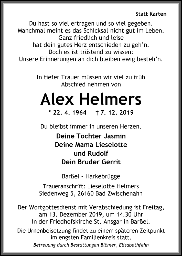  Traueranzeige für Alex Helmers vom 10.12.2019 aus Nordwest-Zeitung