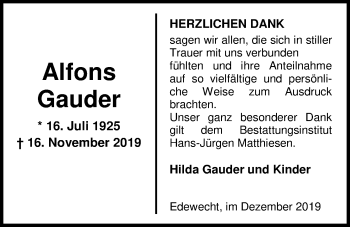 Traueranzeige von Alfons Gauder von Nordwest-Zeitung