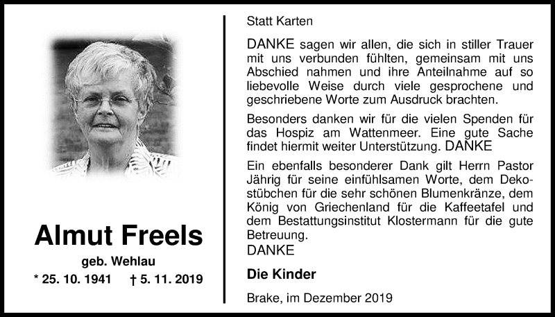  Traueranzeige für Almut Freels vom 06.12.2019 aus Nordwest-Zeitung
