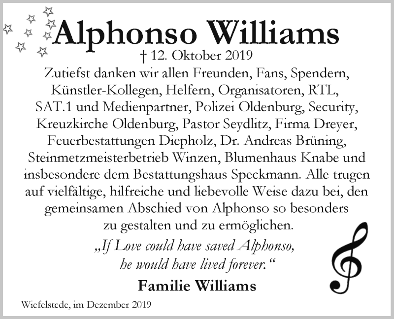  Traueranzeige für Alphonso Williams vom 14.12.2019 aus Nordwest-Zeitung
