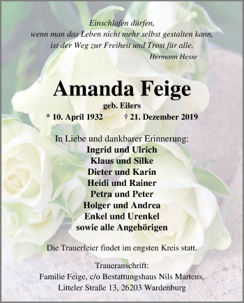 Traueranzeige von Amanda Feige von Nordwest-Zeitung