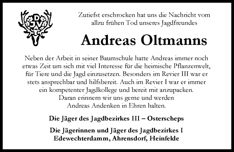 Traueranzeige für Andreas Oltmanns vom 10.12.2019 aus Nordwest-Zeitung