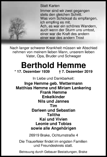 Traueranzeige von Berthold Hemme von Nordwest-Zeitung