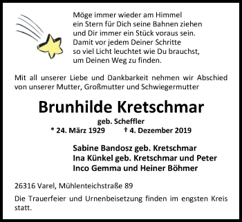 Traueranzeige von Brunhilde Kretschmar von Nordwest-Zeitung