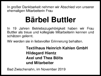 Traueranzeige von Bärbel Buttler von Nordwest-Zeitung