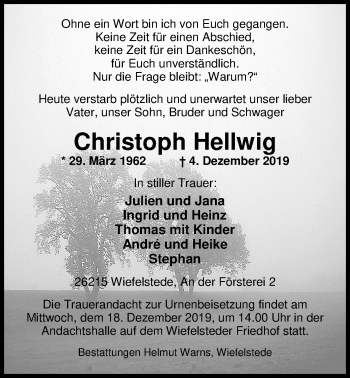 Traueranzeige von Christoph Hellwig von Nordwest-Zeitung