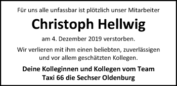 Traueranzeige von Christoph Hellwig von Nordwest-Zeitung