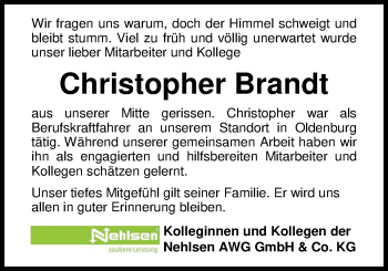Traueranzeige von Christopher Brandt von Nordwest-Zeitung
