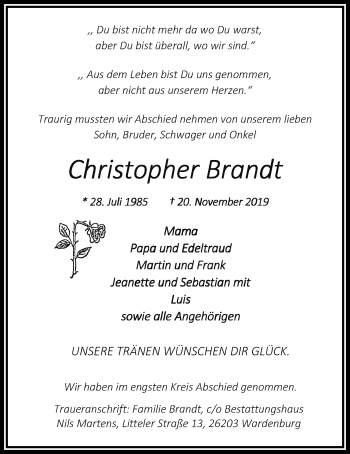 Traueranzeige von Christopher Brandt von Nordwest-Zeitung