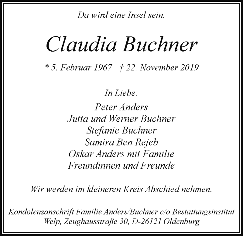  Traueranzeige für Claudia Buchner vom 30.11.2019 aus Nordwest-Zeitung