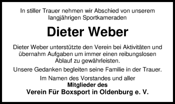 Traueranzeige von Dieter Weber von Nordwest-Zeitung