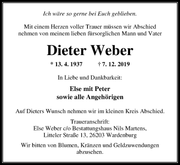 Traueranzeige von Dieter Weber von Nordwest-Zeitung