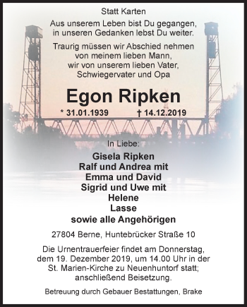 Traueranzeige von Egon Ripken von Nordwest-Zeitung