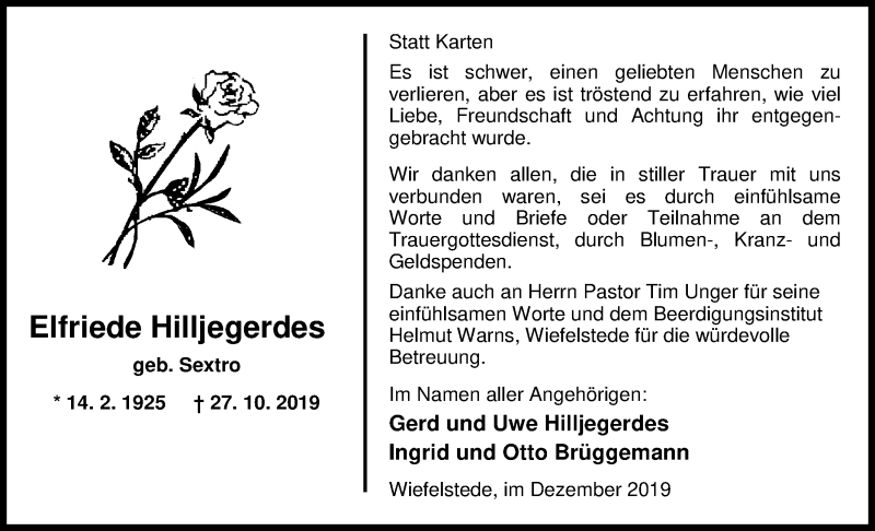  Traueranzeige für Elfriede Hilljegerdes vom 14.12.2019 aus Nordwest-Zeitung