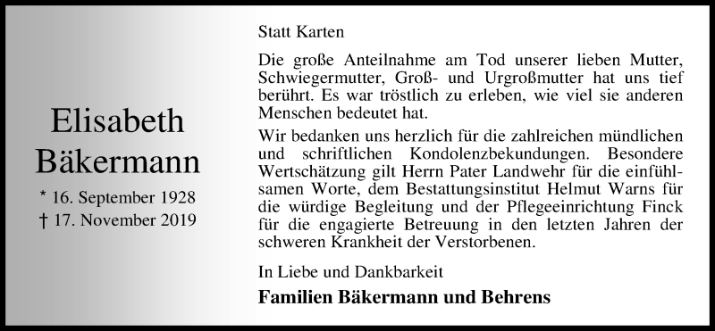  Traueranzeige für Elisabeth Bäkermann vom 21.12.2019 aus Nordwest-Zeitung
