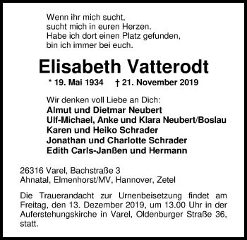 Traueranzeige von Elisabeth Vatterodt von Nordwest-Zeitung