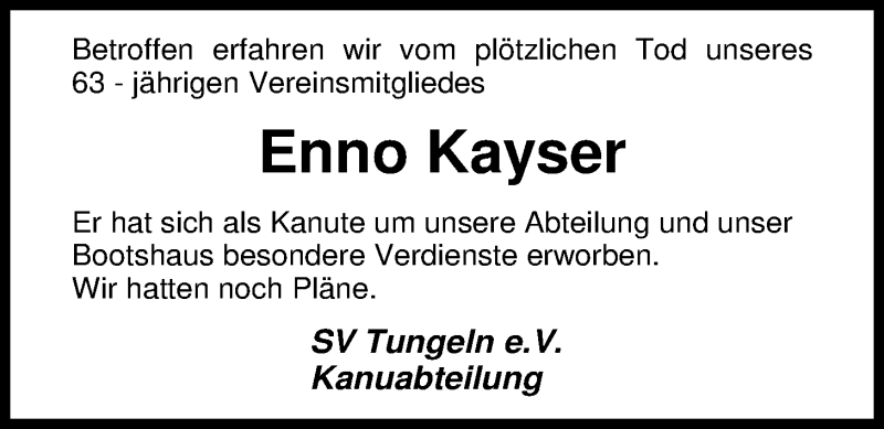  Traueranzeige für Enno Kayser vom 14.12.2019 aus Nordwest-Zeitung