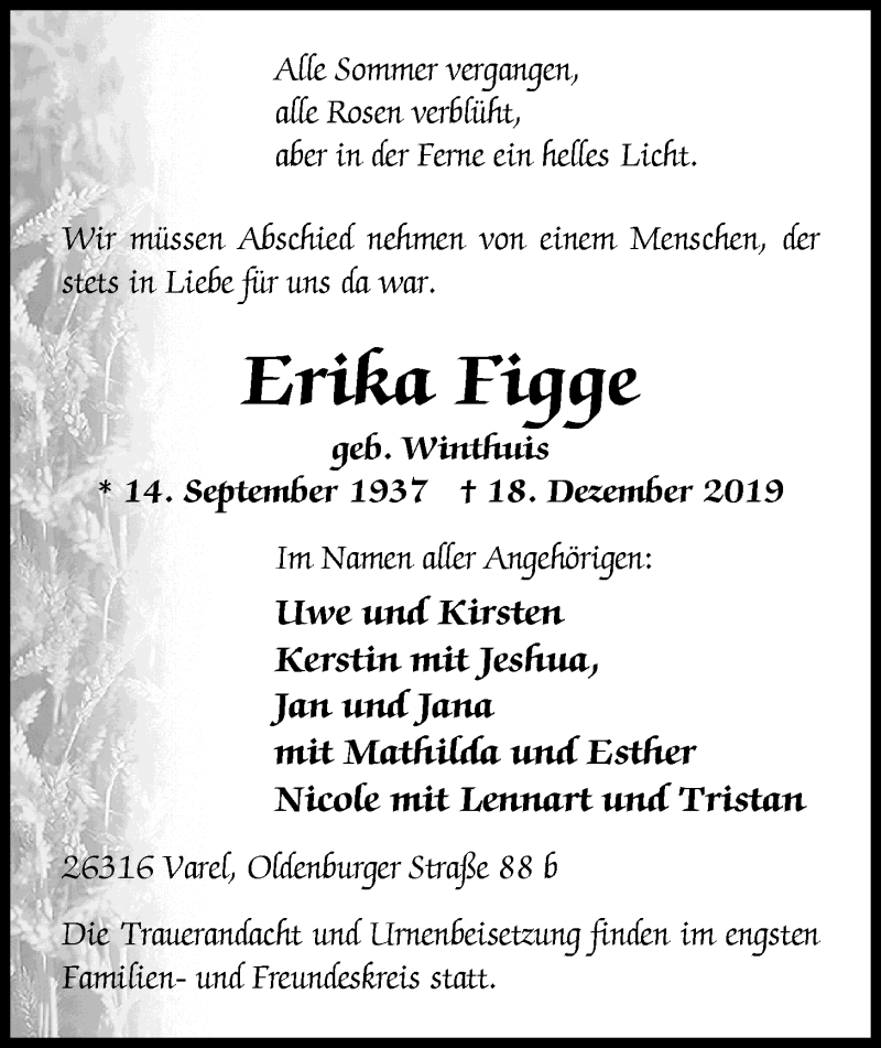  Traueranzeige für Erika Figge vom 21.12.2019 aus Nordwest-Zeitung