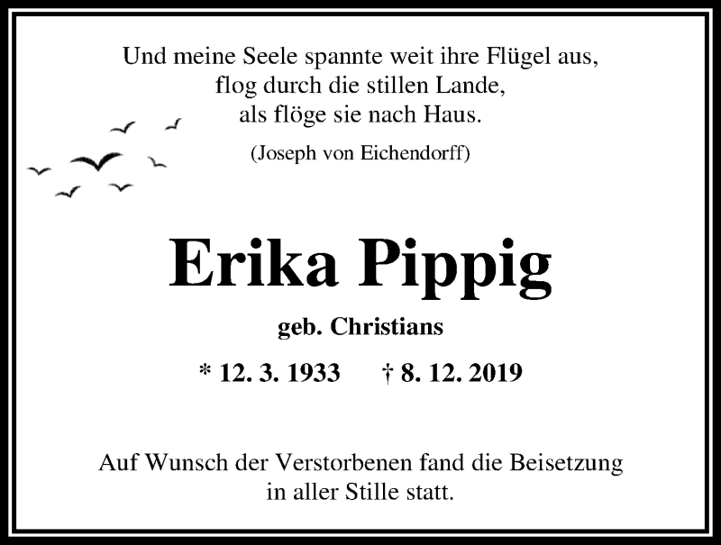  Traueranzeige für Erika Pippig vom 21.12.2019 aus Nordwest-Zeitung