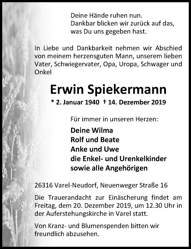  Traueranzeige für Erwin Spiekermann vom 17.12.2019 aus Nordwest-Zeitung