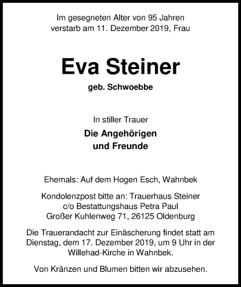 Traueranzeige von Eva Steiner von Nordwest-Zeitung