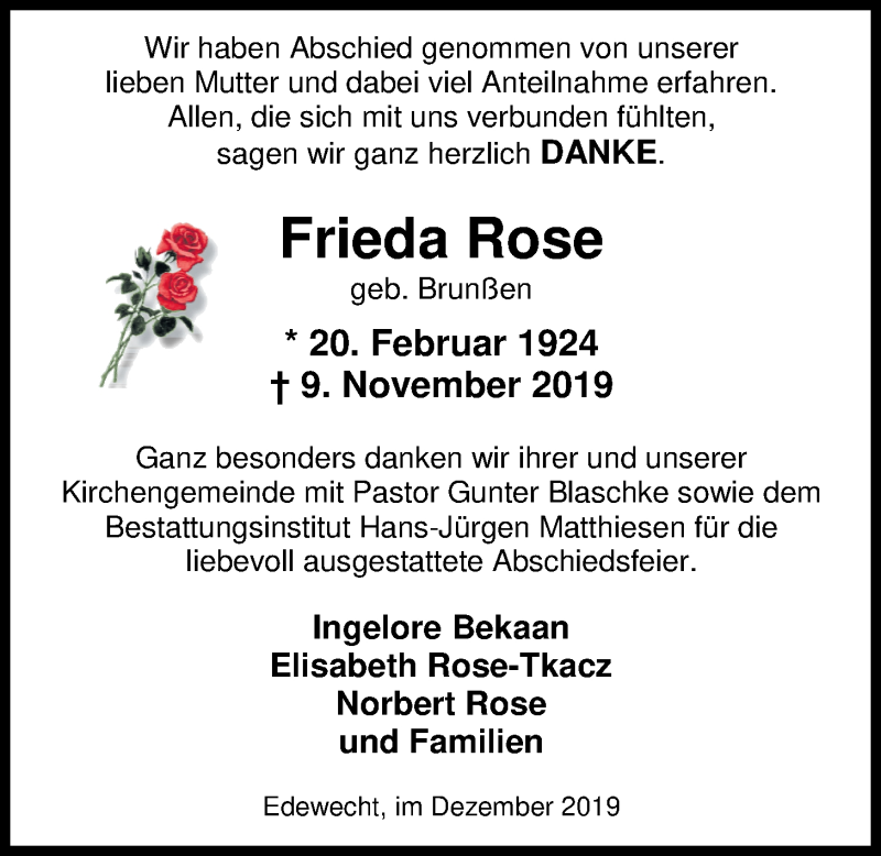  Traueranzeige für Frieda Rose vom 27.12.2019 aus Nordwest-Zeitung