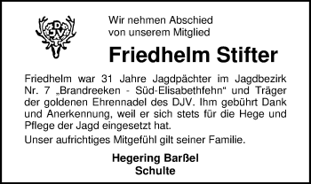 Traueranzeige von Friedhelm Stifter von Nordwest-Zeitung