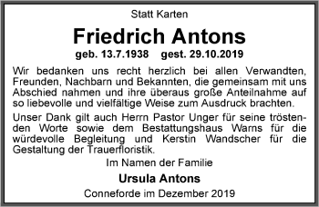Traueranzeige von Friedrich Antons von Nordwest-Zeitung